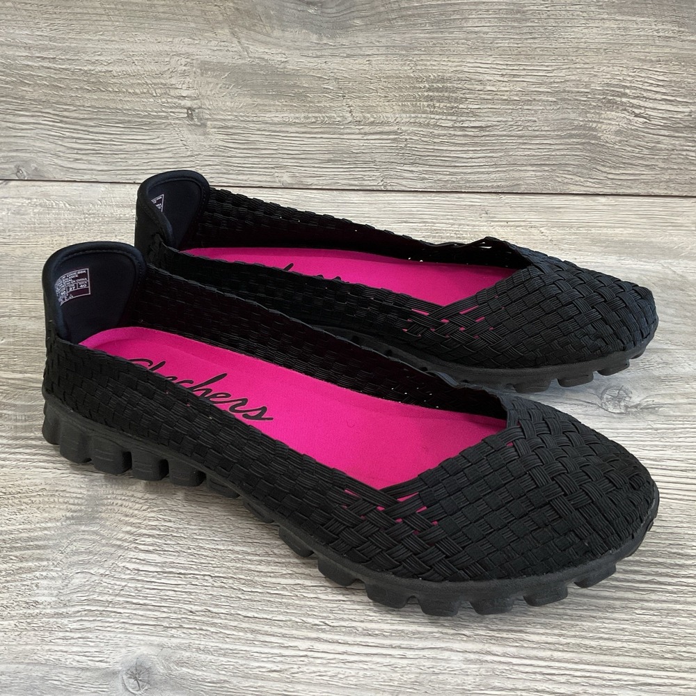 Skechers Womens 10 Shoes Ez Flex Lightweight Flats Slip On Comfort Woven Black